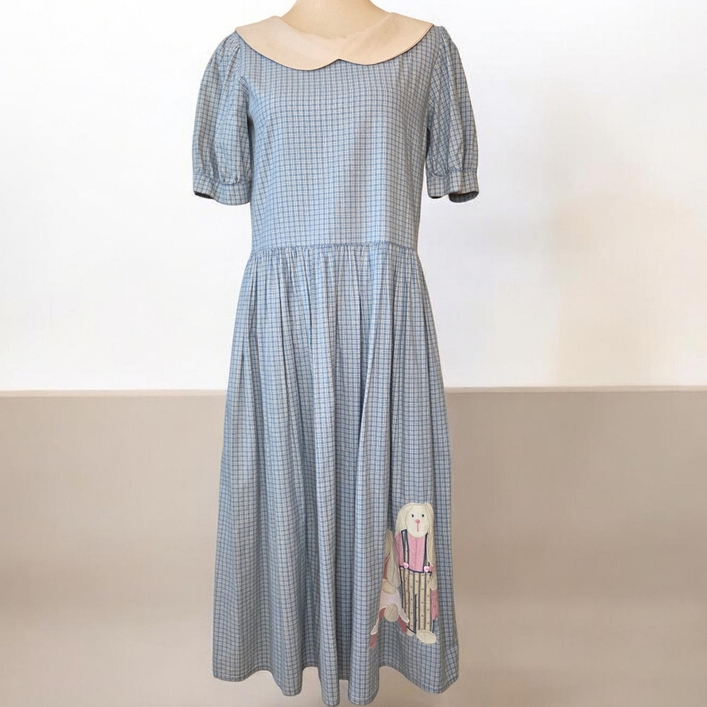 Vintage 90s Handmade Bunny Appliqué Easter Dress Cottagecore Granny